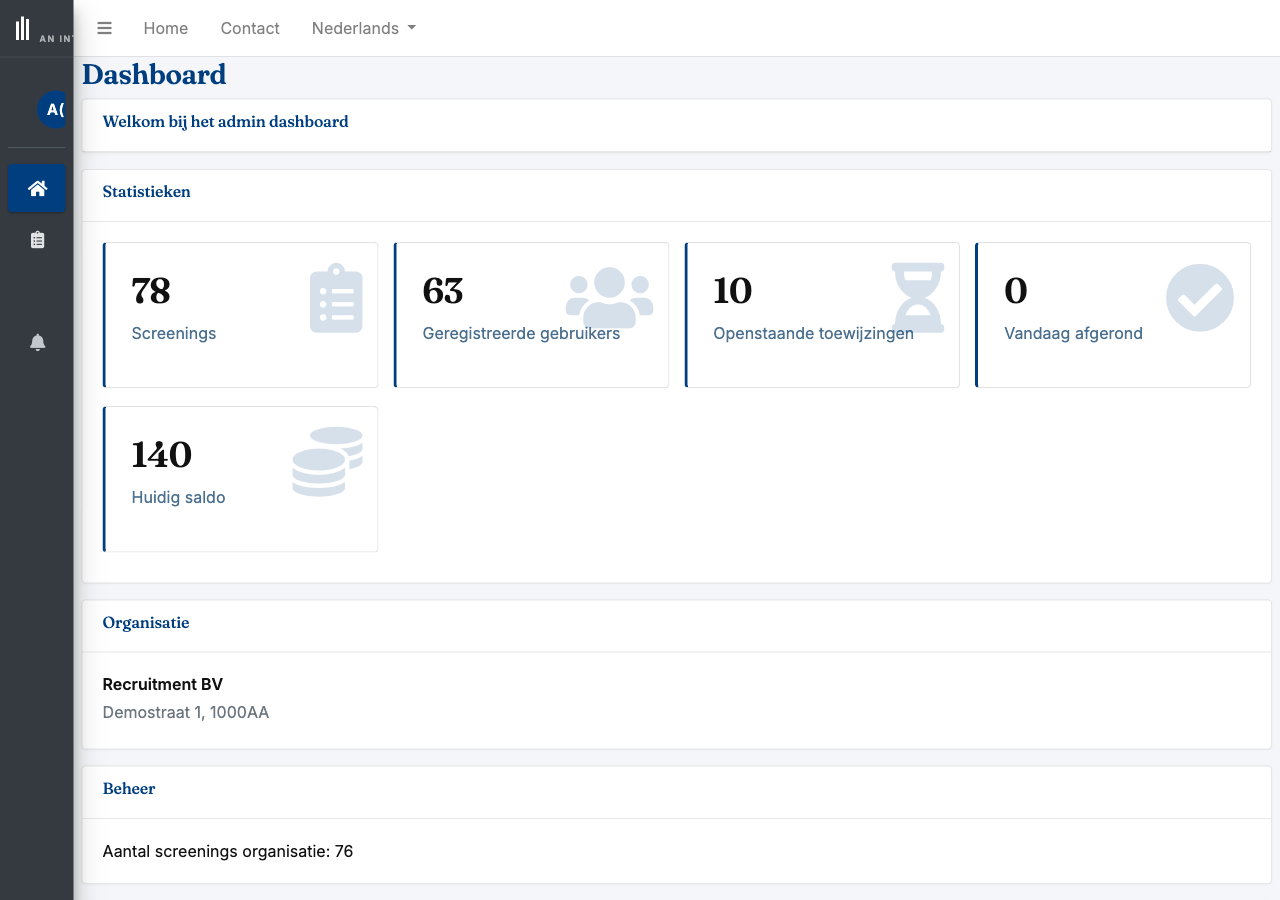 Interscreening dashboard showing an overview of ongoing integrity screenings, candidate statuses and quick actions
