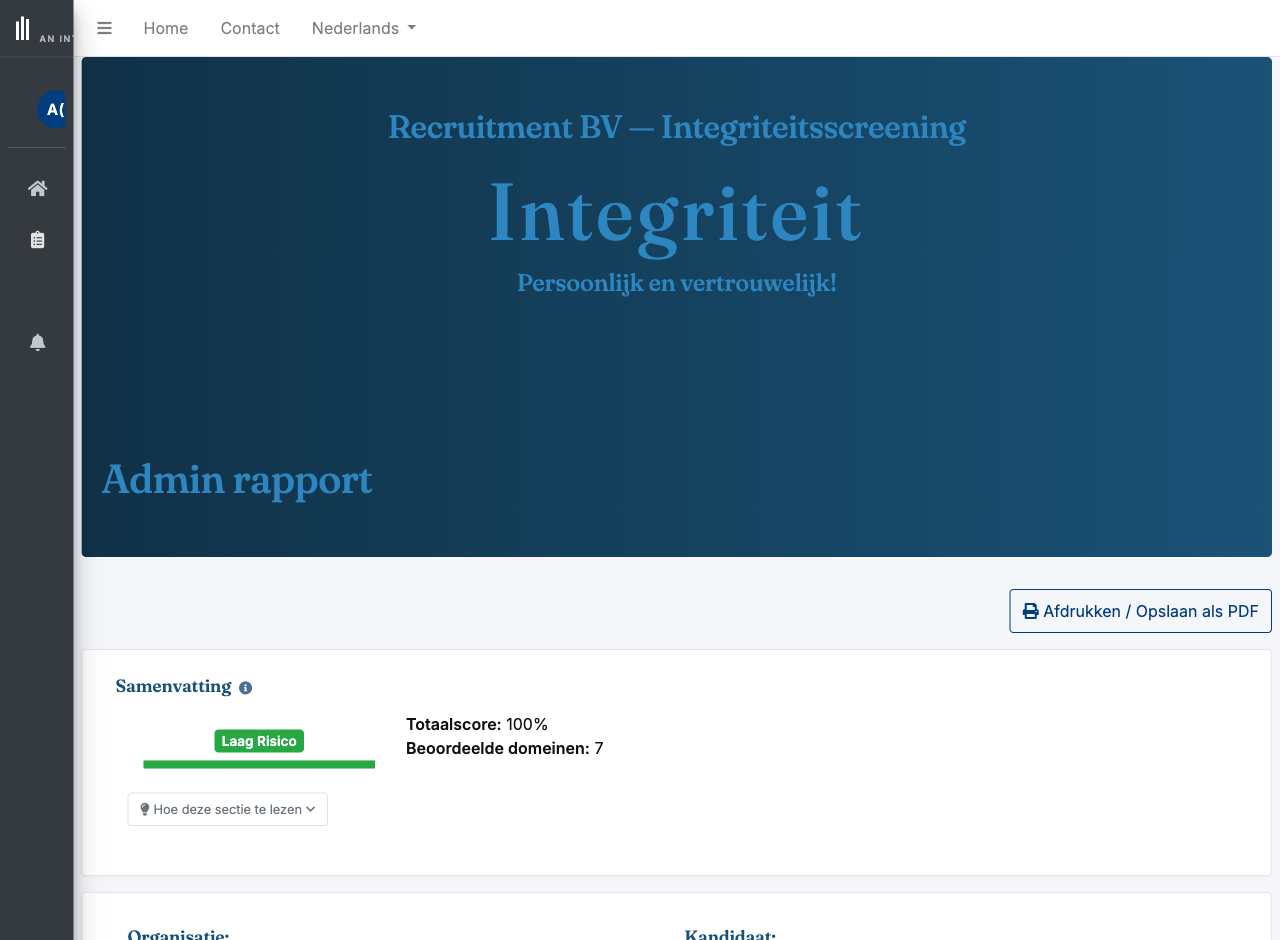 Voorbeeld van een gegenereerd adviesrapport met risico-oordeel, totaalscore en beoordeelde domeinen — automatisch beschikbaar op vier niveaus per rol